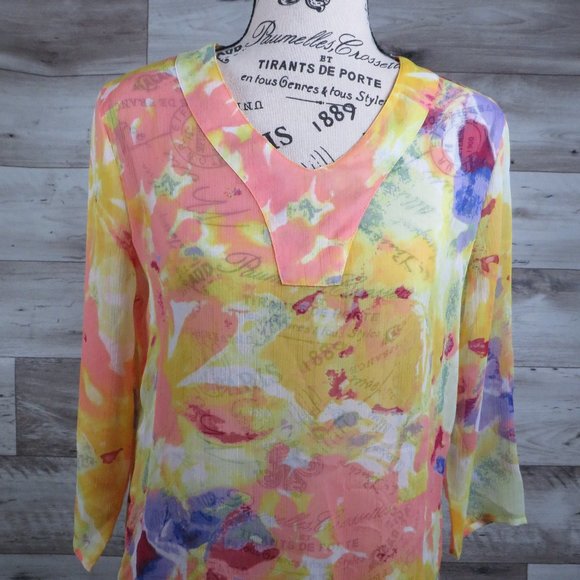 Tantrums* Women's 3/4 Sleeve V-Neck Curved Split End Hem Sheer Blouse~Size Small - Picture 3 of 10